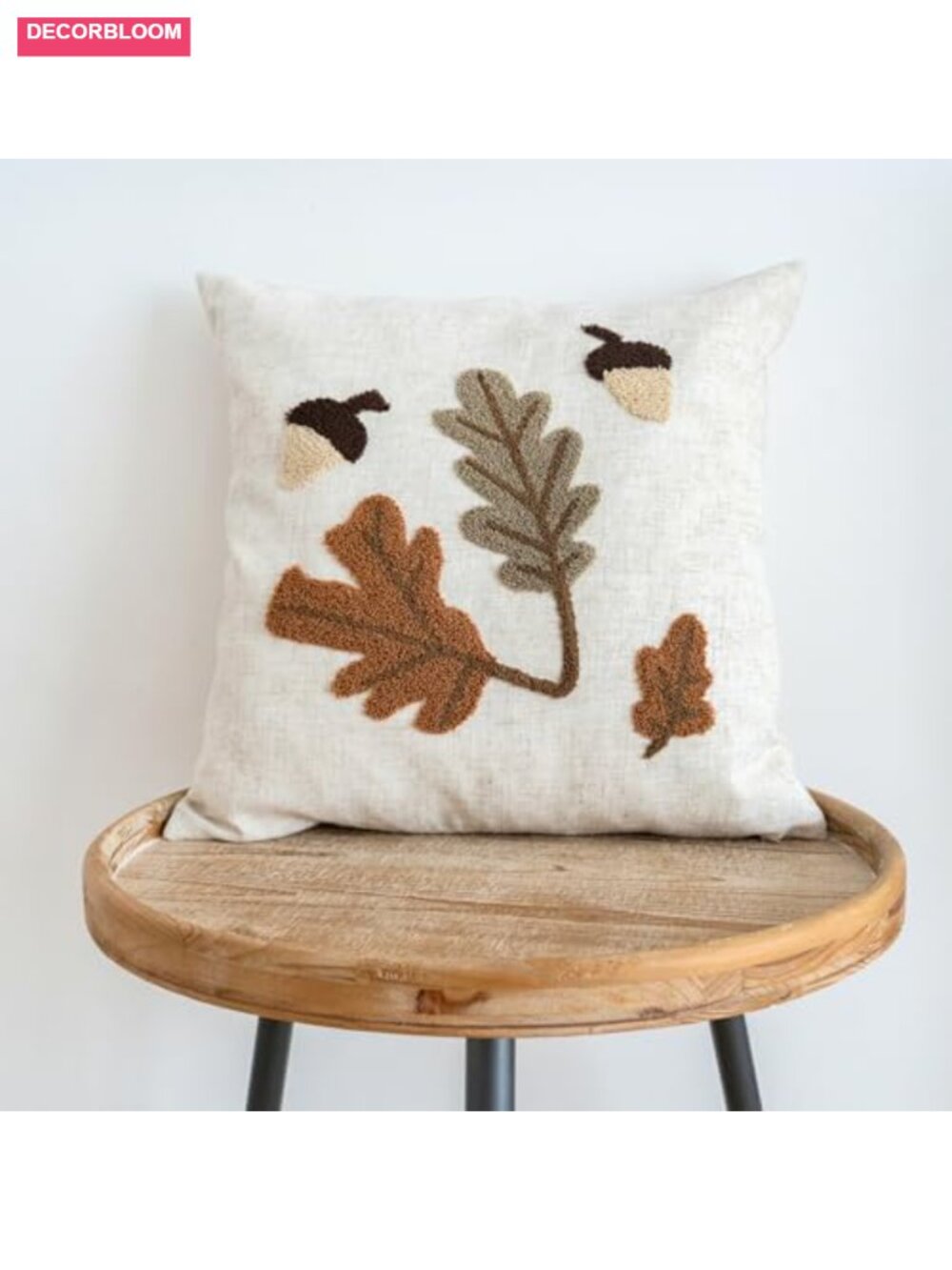Embroidered Fall Maple Oak Leaf Tufted Linen Throw Pillow Cover 18x18